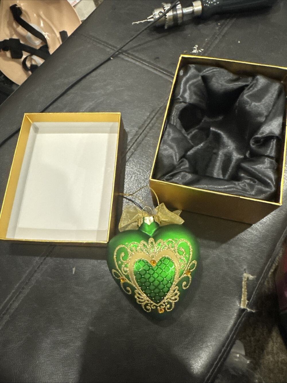 Vintage Green Heart Glass Ornament Gold Filigree Jeweled Christmas Tree Decor